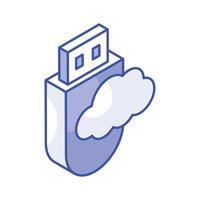 un isométrica icono de nube USB en de moda estilo, Listo a utilizar y descargar vector