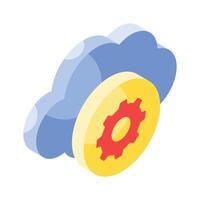 Gear with cloud showing concept isometric icon of cloud setting, cloud management vector