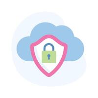 Padlock inside protection shield with cloud showing concept flat icon of cloud security vector