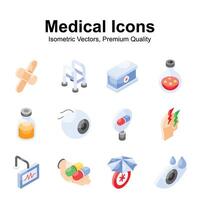 Well designed medical and healthcare isometric icons set in trendy style vector