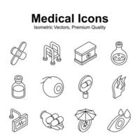 Well designed medical and healthcare isometric icons set in trendy style vector
