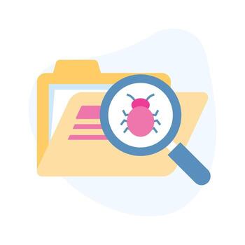 Bug under magnifier with data folder denoting icon of bug searching, virus scanning vector