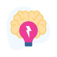 Thunderbolt inside lightbulb with human brain, flat concept icon of brainstorming vector