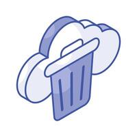 Concept isometric icon of cloud delete, cloud and trash bin vector design