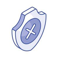 Cross on shield, isometric icon of security alert or no security vector, not verified vector
