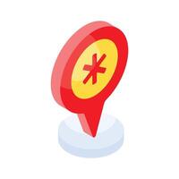 Medical sign inside map pin denoting concept isometric icon of hospital location vector