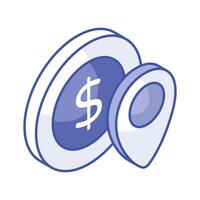 Dollar coin with placeholder showing concept icon of business location, bank location vector design