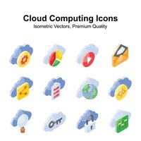 Get your hold on this creative cloud computing isometric vectors set, ready for premium use