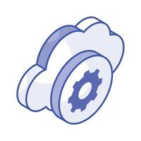 Gear with cloud showing concept isometric icon of cloud setting, cloud management vector