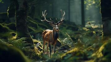 AI generated Deer animal walk through the forest AI Generated pictures photo