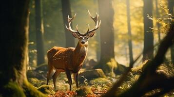 AI generated Deer animal walk through the forest AI Generated pictures photo