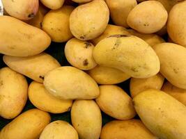 Close up photo of fresh yellow orange mango fruit at a market, for background, Top View