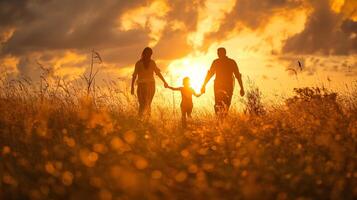 AI generated A heartwarming scene of a family holding hands and walking through a golden field, with the setting sun casting a warm glow over the idyllic landscape. photo