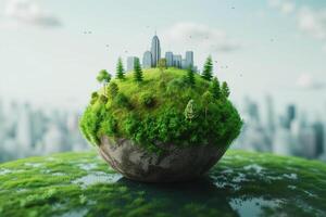 ai generado conceptual obra de arte de un lozano verde flotante isla con un moderno ciudad horizonte en contra un fondo de un borroso urbano paisaje. foto