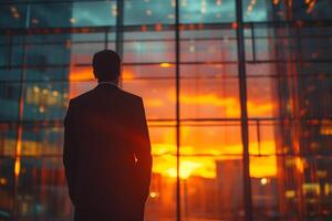 ai generado un contemplativo empresario soportes silueta en contra un vibrante atardecer, el dorado matices reflejando apagado el lustroso piso de un moderno oficina edificio, con vista a un bullicioso paisaje urbano foto