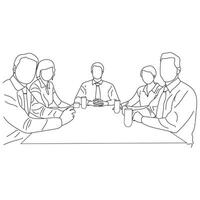 Business meeting discussion between workers in the office hand drawn vector illustration line art design.