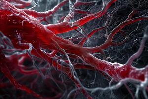 AI generated Highly detailed micrograph showcasing the complex and intricate network of human blood vessels in a scientific context. photo