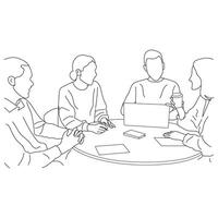 Business meeting discussion between workers in the office hand drawn vector illustration line art design.