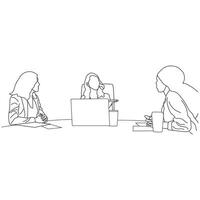 Business meeting discussion between workers in the office hand drawn vector illustration line art design.