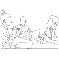 Business meeting discussion between workers in the office hand drawn vector illustration line art design.