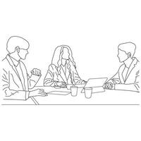 Business meeting discussion between workers in the office hand drawn vector illustration line art design.