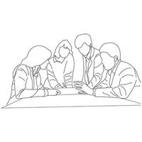 Business meeting discussion between workers in the office hand drawn vector illustration line art design.