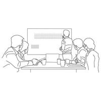 Business meeting discussion between workers in the office hand drawn vector illustration line art design.