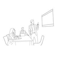 Business meeting discussion between workers in the office hand drawn vector illustration line art design.