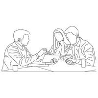 Business meeting discussion between workers in the office hand drawn vector illustration line art design.