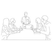 Business meeting discussion between workers in the office hand drawn vector illustration line art design.