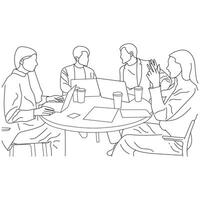 negocio reunión discusión Entre trabajadores en el oficina mano dibujado vector ilustración línea Arte diseño.