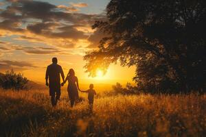 ai generado un familia participación manos y caminando juntos en un bosque camino durante un tranquilo puesta de sol. foto