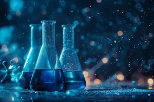 AI generated Flasks filled with a mysterious blue liquid emit an ethereal glow, set against a backdrop of bokeh lights, evoking a sense of wonder and discovery in a scientific setting. photo