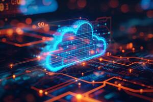 AI generated An abstract representation of cloud computing, with a holographic cloud symbol integrated into a complex circuit board, symbolizing the interconnected nature photo