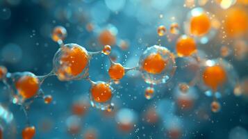 ai generado moléculas con interconectado esferas en naranja y azul, simbolizando científico molecular estructuras foto