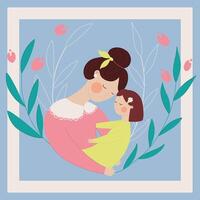 madre con un pequeño niño en su brazos, flores en el antecedentes. saludo tarjeta para de la madre día. vector ilustración