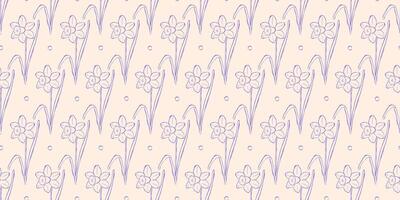 Seamless pattern with daffodils or narcissus. Spring background. Packaging design, textiles in retro rustic style. Vector illustration