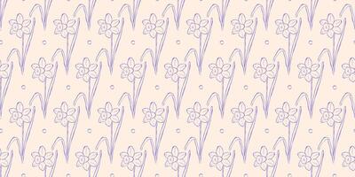 Seamless pattern with daffodils or narcissus. Spring background. Packaging design, textiles in retro rustic style. Vector illustration