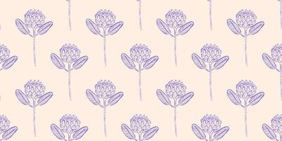 Seamless pattern with protea. Spring or summer background. Packaging design, textiles in retro rustic style. Vector illustration