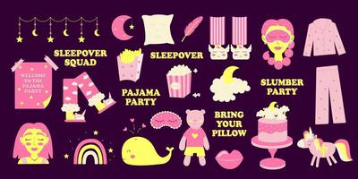 Set of illustration stickers on the pajama or bachelorette or sleepover party theme. Vector illustration.