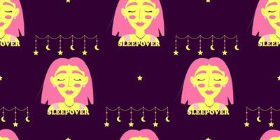 Seamless pattern of girl and garland with stars and moon, background for bachelorette party, sleepover, birthday party on pajama party theme vector