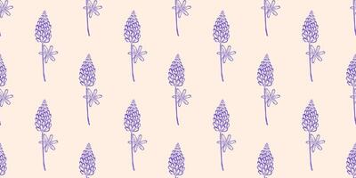 Seamless pattern with lupines. Spring or summer background. Packaging design, textiles in retro rustic style. Vector illustration