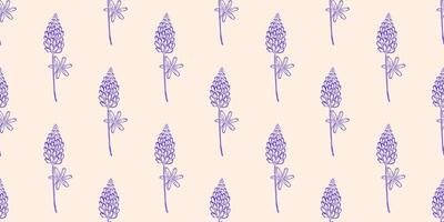 Seamless pattern with lupines. Spring or summer background. Packaging design, textiles in retro rustic style. Vector illustration