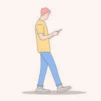 illustration of a man walking while holding a smartphone from the side vector