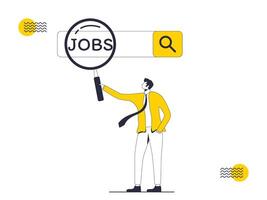 Job search concept. Man with magnifying glass looking for job. Vector illustration