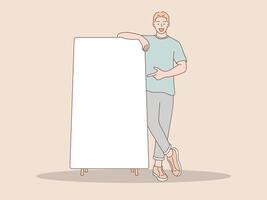 man with plain board poses pointing and smiling vector