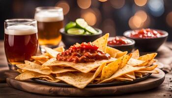 AI generated Mexican nachos chips with ketchup and beer photo