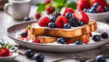 ai generado francés brindis con ricotta y bayas, delicioso desayuno. foto