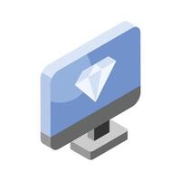 Diamond inside computer monitor showing concept isometric icon of diamond screen vector