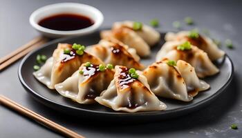 AI generated Taiwanese and Japanese Pan-fried gyoza dumpling jiaozi food in a plate with soy sauce on gray table background. photo